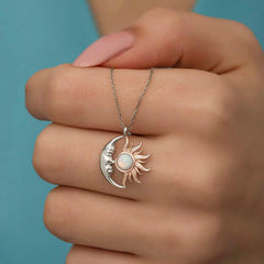 Silver Opal White Stone Moon Sun Women's Necklace