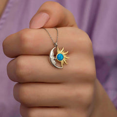 Silver Opal Blue Stone Moon Sun Women's Necklace