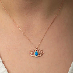 Silver Opal Stone Rose Lotus Flower Necklace