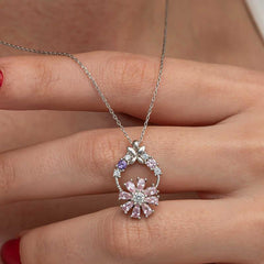 Silver Pink Swirling Flower Women's Necklace