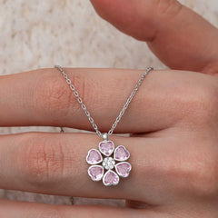 Silver Pink Heart Flower Women's Necklace