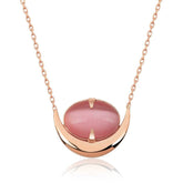 Silver Pink Cat's Eye Stone Crescent Necklace