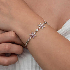 Silver Pink Lotus Flower Women's Bracelet