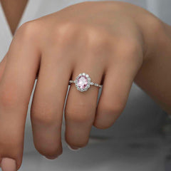 Silver Pink Oval Stone Women's Ring
