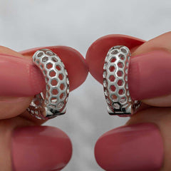 Silver Honeycomb Patterned Hoop Women's Earrings
