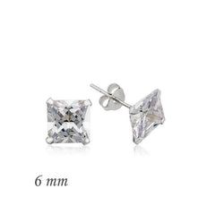 Boucles d'oreilles carrées en argent avec pierre unique en zircon - 6 mm.