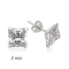 Boucles d'oreilles carrées en argent avec pierre unique en zircon - 8 mm