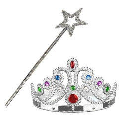 Couronne de princesse métallisée couleur argent Nessiworld et baguette magique étoile de princesse métallisée
