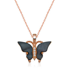 Silver Rose Anthracite Tiger's Eye Stone Butterfly Necklace