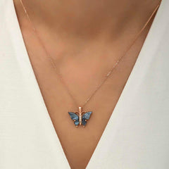 Silver Rose Anthracite Tiger's Eye Stone Butterfly Necklace