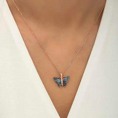 Silver Rose Anthracite Tiger's Eye Stone Butterfly Necklace