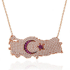 Silver Rose Crescent Star Türkiye Map Women's Necklace