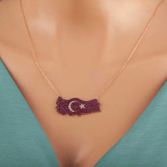 Silver Rose Crescent Star Türkiye Map Women's Necklace