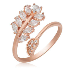 Silver Rose Adjustable White Stone Leaf Women's Ring