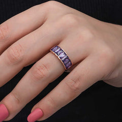 Silver Rose Baguette Amethyst Stone Women's Ring