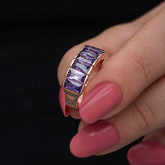 Silver Rose Baguette Amethyst Stone Women's Ring