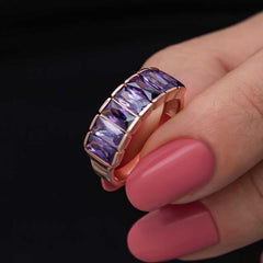Silver Rose Baguette Amethyst Stone Women's Ring