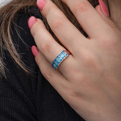 Silver Rose Baguette Aquamarine Stone Women's Ring