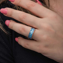 Silver Rose Baguette Aquamarine Stone Women's Ring