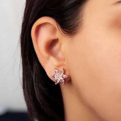 Silver Rose White Lotus Flower Studded Women's Earrings