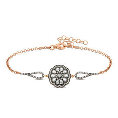 Silver Rose Flower Patterned Diamond Mount Bracelet