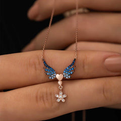 Silver Rose Flower Winged Heart Necklace