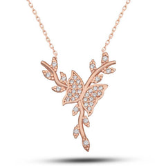 Silver Rose Butterfly on Branch Women's Necklace