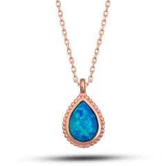 Silver Rose Drop Blue Opal Stone Women's Necklace