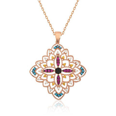 Silver Rose Ethnic Patterned Medallion Necklace