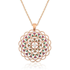 Silver Rose Geometric Patterned Medallion Necklace