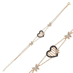 Bracelet femme en argent avec cœur et papillon rose