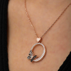 Silver Rose Heart Butterfly Circle Necklace