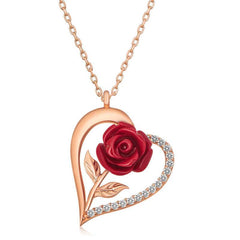 Silver Rose Heart Red Rose Women's Necklace