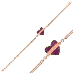 Bracelet prénom femme en argent rose et cœur rouge