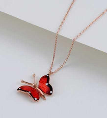 Silver Rose Red Butterfly Necklace