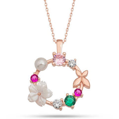 Silver Rose Magnolia Flower Butterfly Women's Necklace