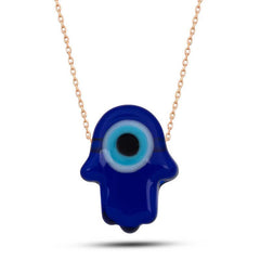Collier pour femme en argent rose bleu mauvais œil en verre main de Fatima
