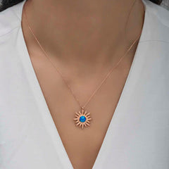 Silver Rose Blue Opal Stone Sun Women's Necklace