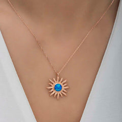 Silver Rose Blue Opal Stone Sun Women's Necklace