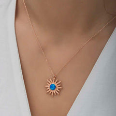 Silver Rose Blue Opal Stone Sun Women's Necklace