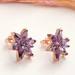 Silver Rose Purple Lotus Flower Studded Women's Earrings