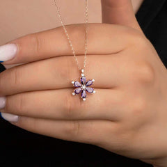 Silver Rose Purple Lotus Flower Women's Necklace