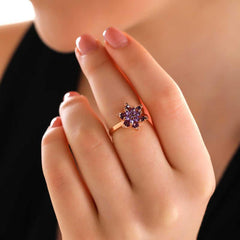 Silver Rose Purple Lotus Flower Ring