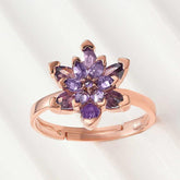Silver Rose Purple Lotus Flower Ring