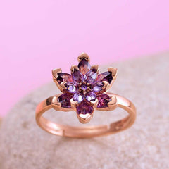Silver Rose Purple Lotus Flower Ring