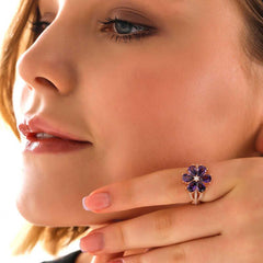 Silver Rose Purple Love Flower Women's Ring