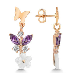 Silver Rose Purple Stone Mother of Pearl Flower Stud Women's Earrings