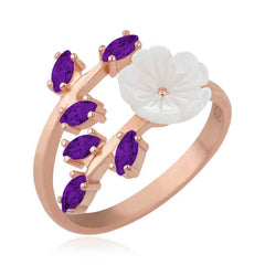 Silver Rose Purple Petal Spring Flower Ring