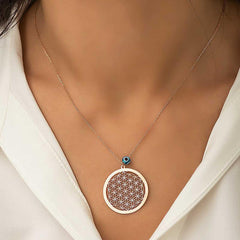 Silver Rose Evil Eye Flower of Life Necklace