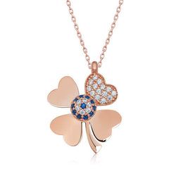 Silver Rose Evil Eye Four Leaf Clover Women's Necklace
